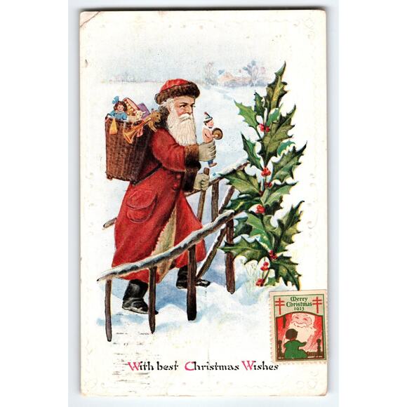 Vintage 1923 Santa Claus Christmas Postcard with Toys & Holly With Stamp - Picture 1 of 2